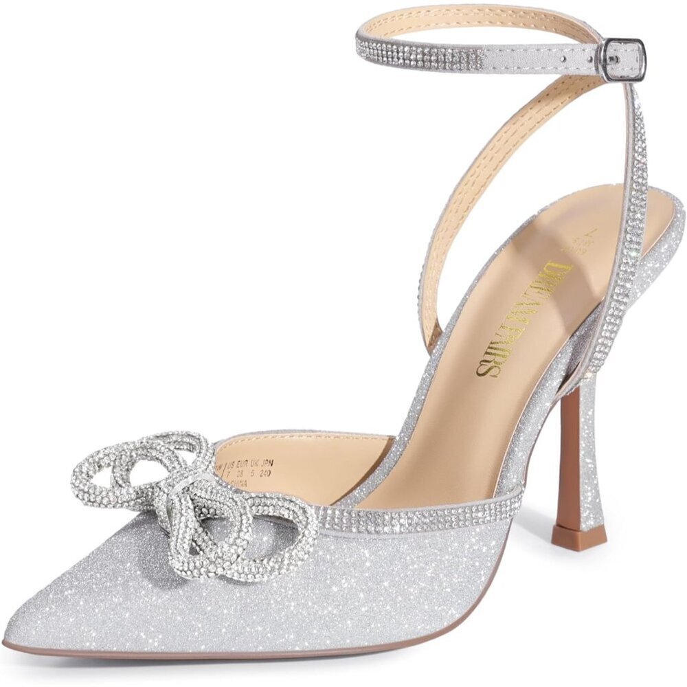 🆕 Women Silver Ankle Strap Sparkly Bow Shine Star Wrap-Around High-Heel Pumps